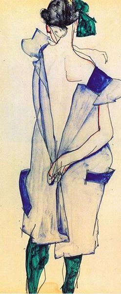 Standing Girl in a Blue Dress And Green Stockings, Back View. The painting by Egon Schiele