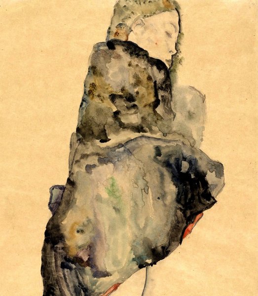 Standing Girl Wrapped in Blanket. The painting by Egon Schiele