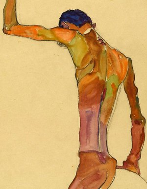 Egon Schiele, Standing Male Nude with Arm Raised, Back View, Painting on canvas