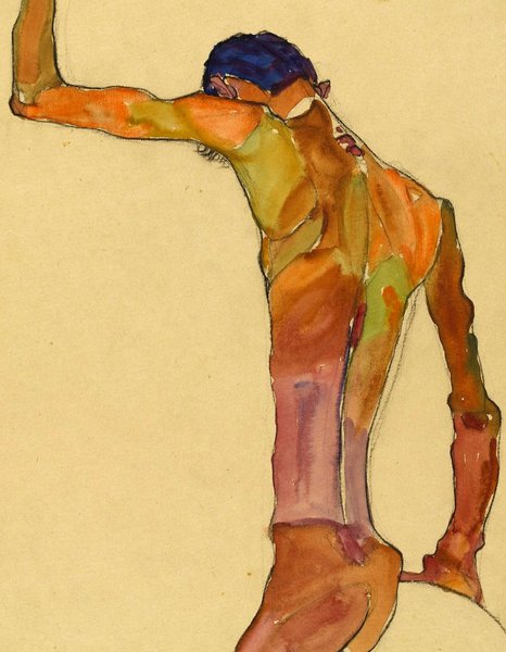 Standing Male Nude with Arm Raised, Back View. The painting by Egon Schiele