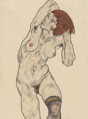 Egon Schiele, Standing Nude in Black Stockings, Painting on canvas