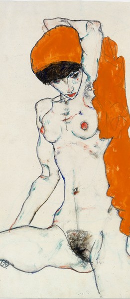 Egon Schiele, Standing Nude with Orange Drapery, Painting on canvas