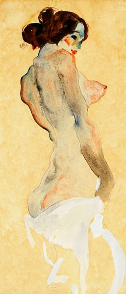 Egon Schiele, Standing Nude with White Drapery, Painting on canvas