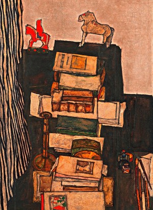 Egon Schiele, Still Life with Books (Artist's Desk), Painting on canvas