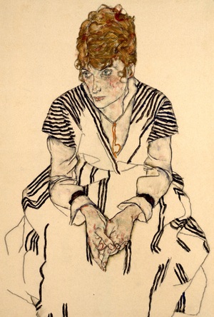 The Artist's Sister in Law in a Striped Dress, Egon Schiele, Art Paintings