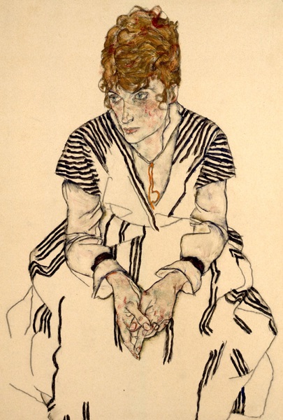 The Artist's Sister in Law in a Striped Dress. The painting by Egon Schiele