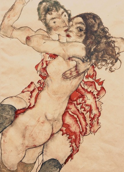 Two Girls Embracing (Friends). The painting by Egon Schiele