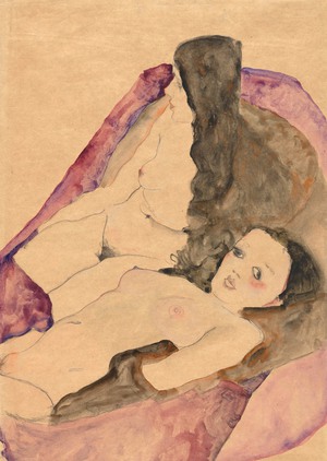 Egon Schiele, Two Reclining Nudes, Painting on canvas