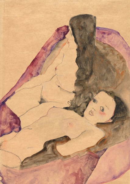 Two Reclining Nudes. The painting by Egon Schiele