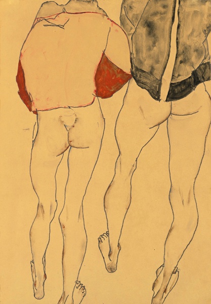 Two Standing Semi-Nude Females. The painting by Egon Schiele