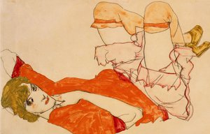 Egon Schiele, Wally in Red Blouse with Raised Knees, Painting on canvas