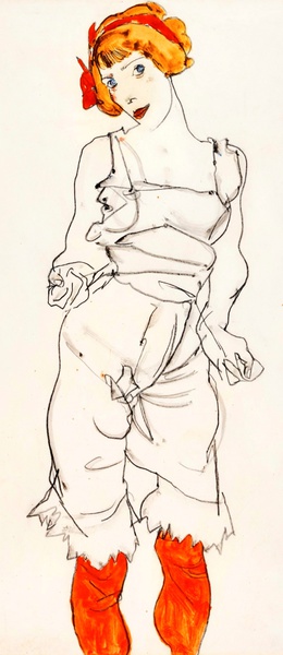 Woman in Underclothes and Stockings. The painting by Egon Schiele