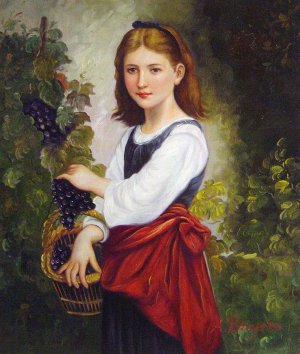 A Young Girl Holding A Basket Of Grapes, Elizabeth Jane Gardner Bouguereau, Art Paintings