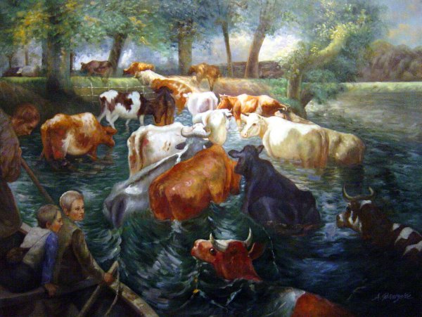 Cows Cross The Lys. The painting by Emile Claus