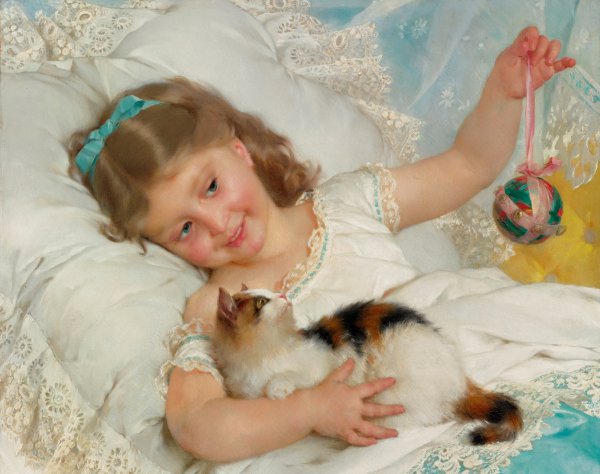 Young Girl and Cat. The painting by Emile Munier