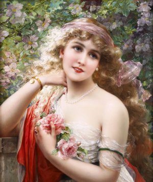 Emile Vernon, A Young Woman with Roses, Art Reproduction