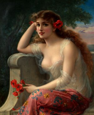 Emile Vernon, Girl with a Poppy, Painting on canvas