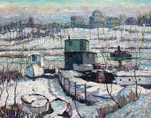 Ernest Lawson, Boathouse Winter, Harlem River, Painting on canvas