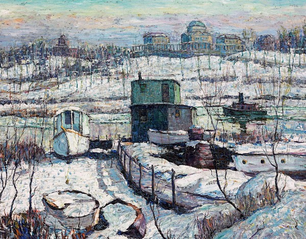 Boathouse Winter, Harlem River. The painting by Ernest Lawson