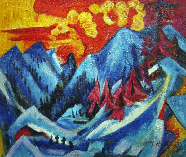 Landscape Under The Winter Moon. The painting by Ernst Ludwig Kirchner