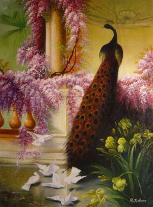 Eugene Bidau, Peacock And Doves In A Garden, Art Reproduction