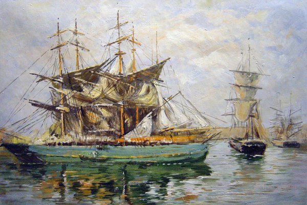 A Three Masted Ship In Port. The painting by Eugene Boudin