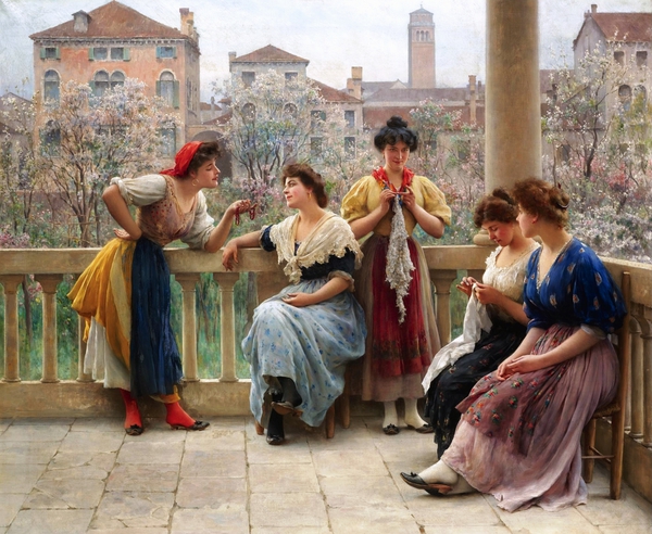 A Conversation on the Terrace, Venice, 1909. The painting by Eugene De Blaas