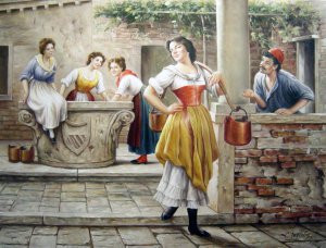 Eugene De Blaas, A Flirtation At The Well, Art Reproduction