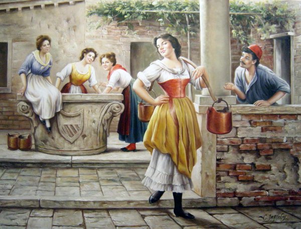 A Flirtation At The Well. The painting by Eugene De Blaas