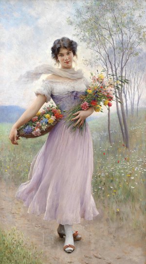 Eugene De Blaas, A Girl in a Lilac-Coloured Dress with Bouquet of Flowers, 1911, Painting on canvas