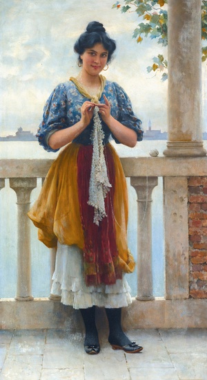 Eugene De Blaas, Young Girl Before the Lagoon, Venice, 1910, Art Reproduction
