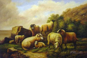 Eugene Joseph Verboeckhoven, Sheep Grazing By The Coast, Painting on canvas