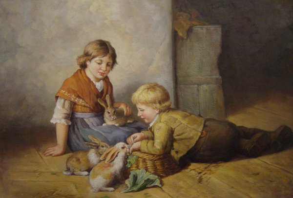 Feeding The Rabbits. The painting by Felix Schlesinger