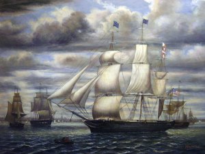 Famous paintings of Ships: A Clipper Ship Southern Cross Leaving Boston Harbor