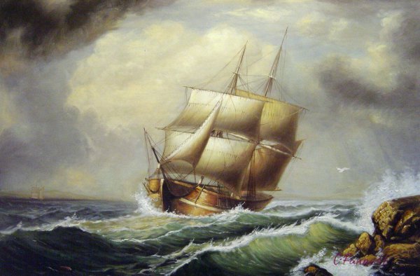 A Merchant Brig Under Reefed Topsails. The painting by Fitz Hugh Lane