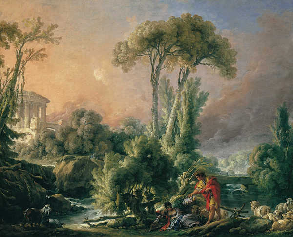 River Landscape with an Antique Temple. The painting by Francois Boucher