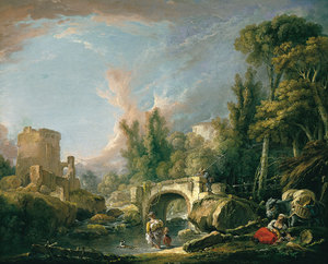 Francois Boucher, River Landscape with Ruins and Bridge, Painting on canvas