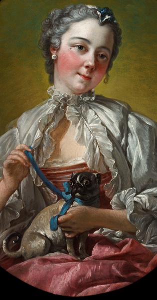 The Young Lady Holding a Pug Dog. The painting by Francois Boucher