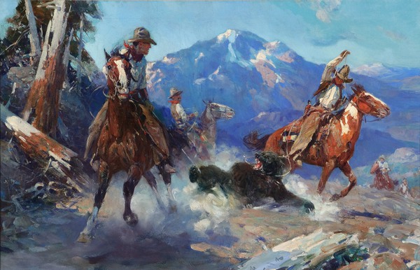 Cowboys Roping the Bear. The painting by Frank Tenney Johnson