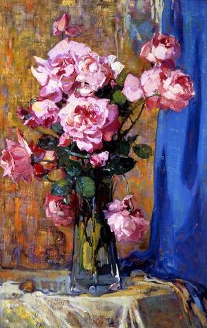 Franz Bischoff, A Beautiful Bouquet of Roses in a Tall Glass Vase, Painting on canvas