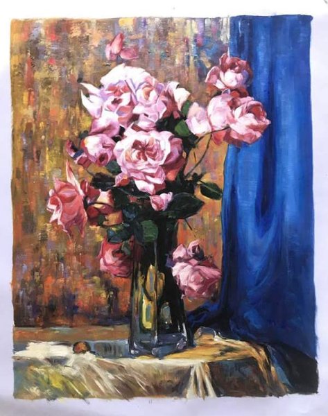 A Beautiful Bouquet of Roses in a Tall Glass Vase Oil Painting Reproduction