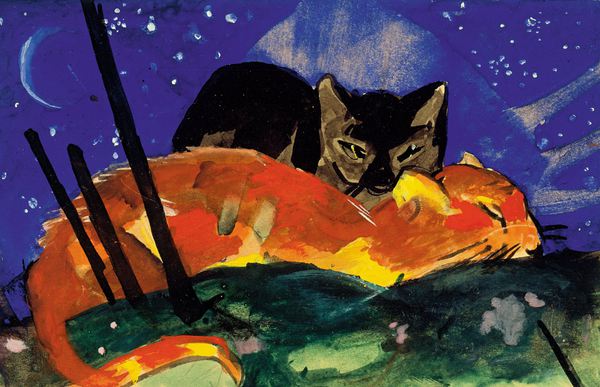 Two Cats, Postcard from Sindelsdorf to Lily Klee Munich. The painting by Franz Marc