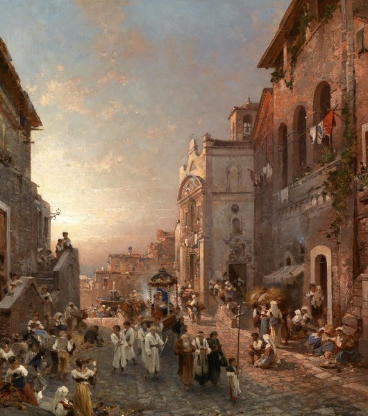 Procession in Naples, Italy. The painting by Franz Richard Unterberger