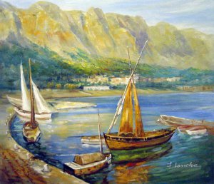Famous paintings of Waterfront: A Beautiful Harbor With Sailboats South Of France