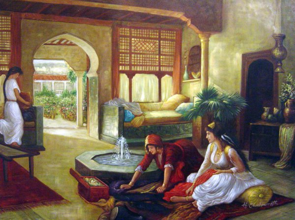 Orientalist Interior. The painting by Frederick Arthur Bridgeman