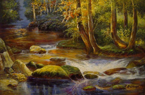 River Landscape With Deer. The painting by Frederick Arthur Bridgeman