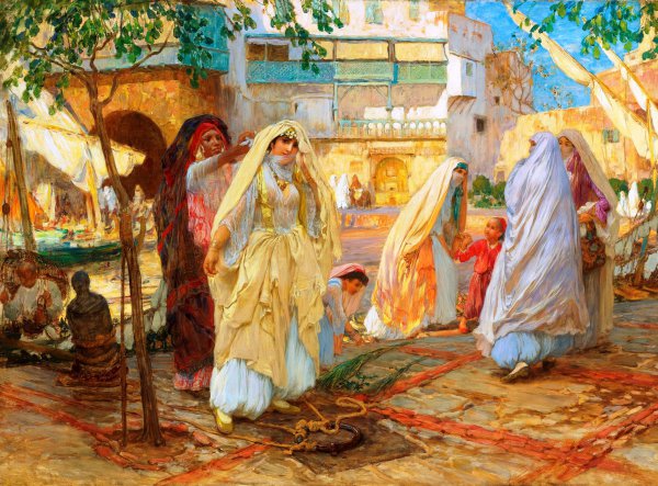 After the Party - Port of Algiers. The painting by Frederick Arthur Bridgman