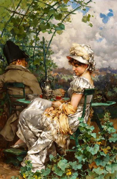 Afternoon Tea in the Garden. The painting by Frederik Hendrik Kaemmerer