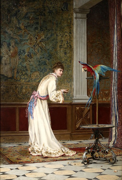 Feeding the Macaw. The painting by Frederik Hendrik Kaemmerer