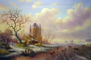Frederik Marinus Kruseman, A Winter Landscape With A Castle, Painting on canvas